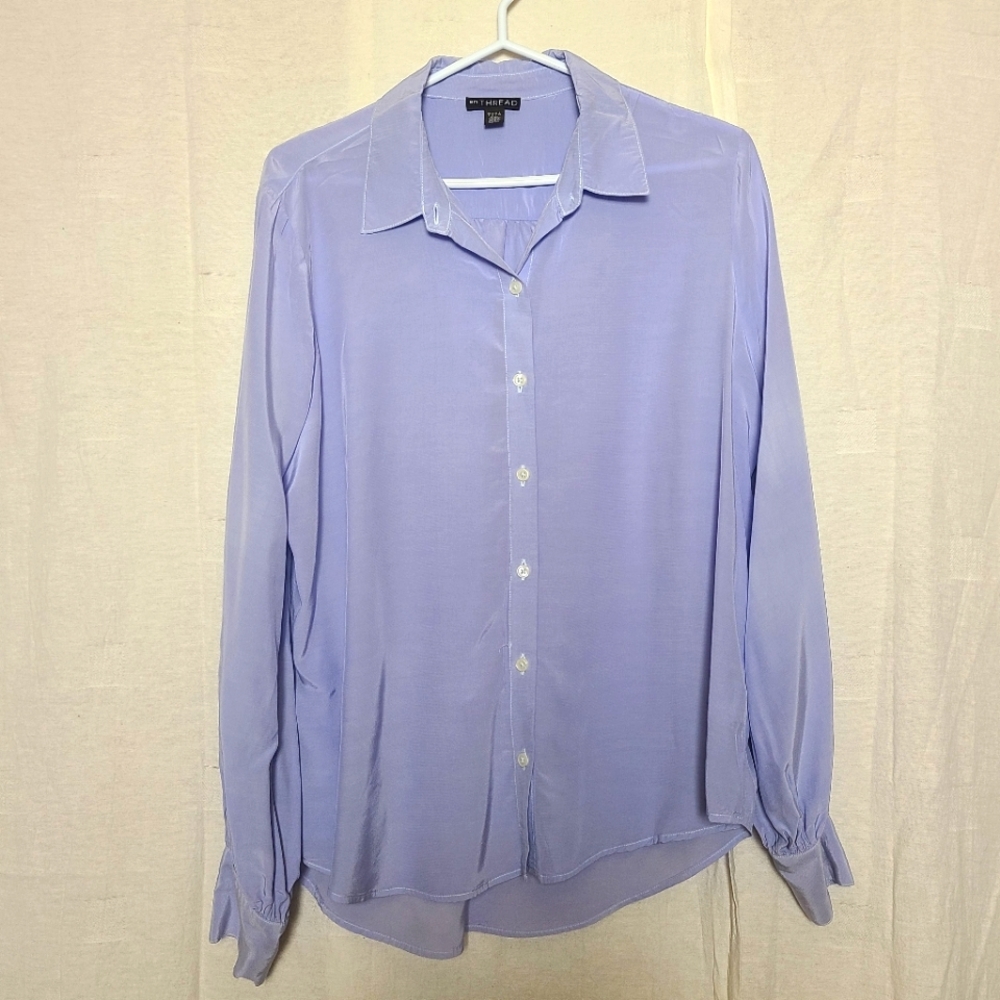 En Thread Womens Periwinkle Blue Business Professional Viscose Button-Down Shirt